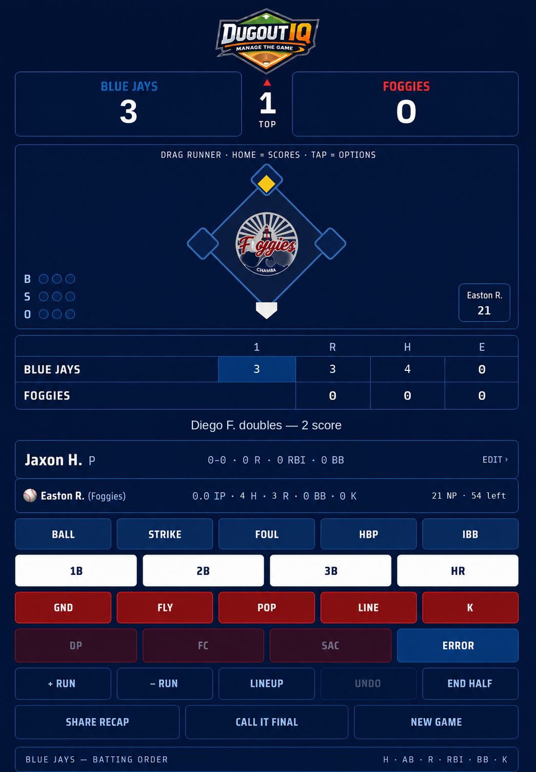 DugoutIQ scoring screen with a live game